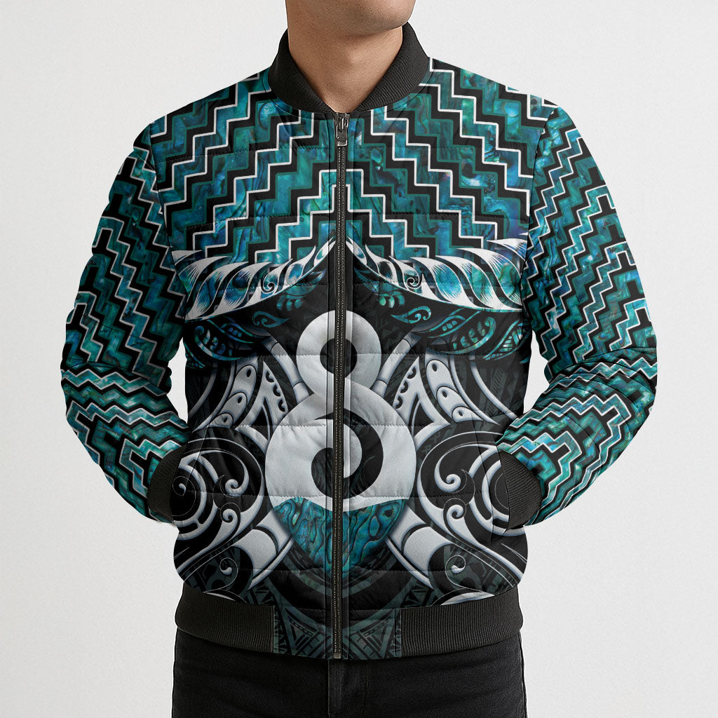 New Zealand Maori Bomber Puffer Jacket Poutama Pikorua - Single Twist Paua Shell
