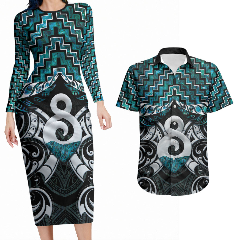 New Zealand Maori Couples Matching Long Sleeve Bodycon Dress and Hawaiian Shirt Poutama Pikorua - Single Twist Paua Shell