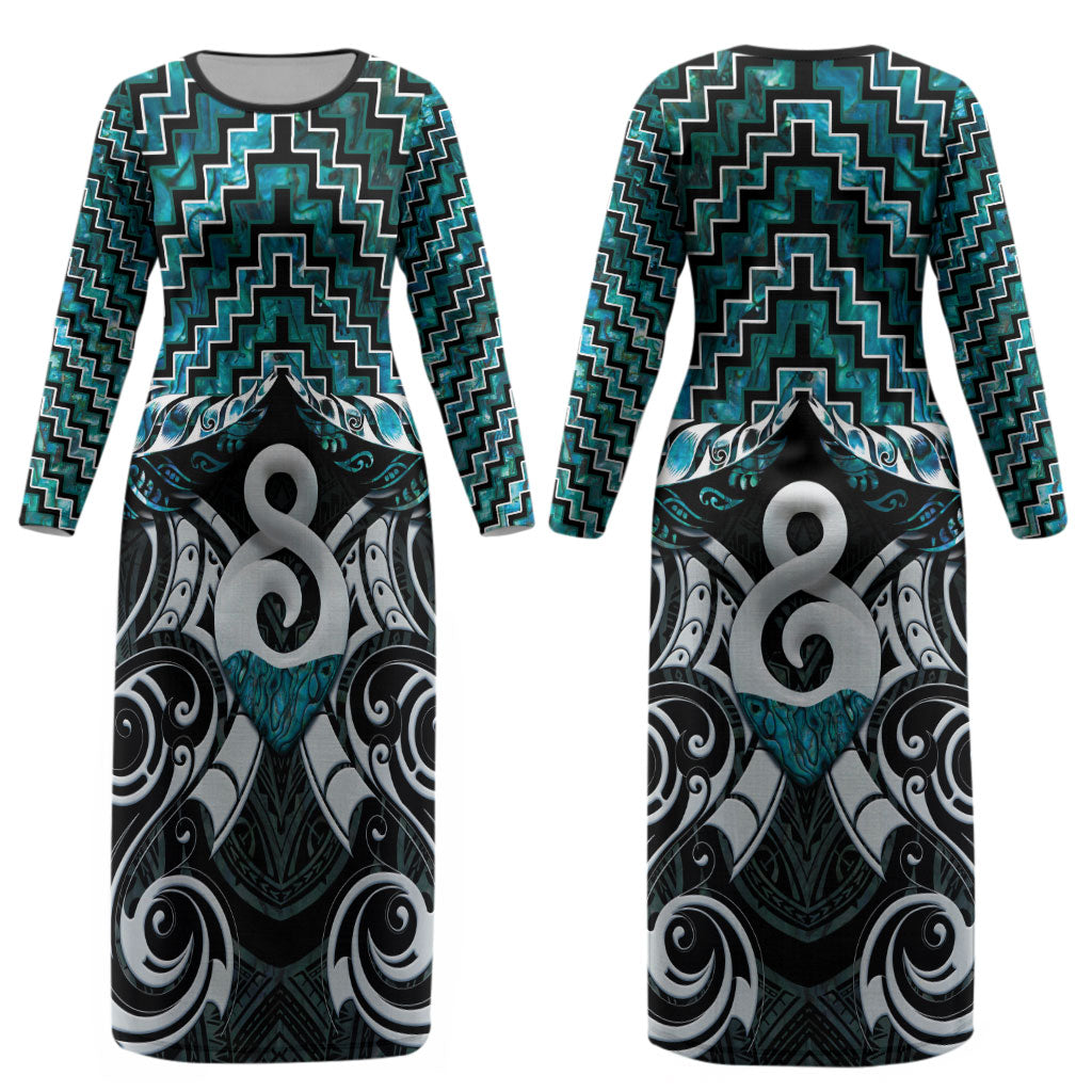 New Zealand Maori Couples Matching Long Sleeve Bodycon Dress and Hawaiian Shirt Poutama Pikorua - Single Twist Paua Shell