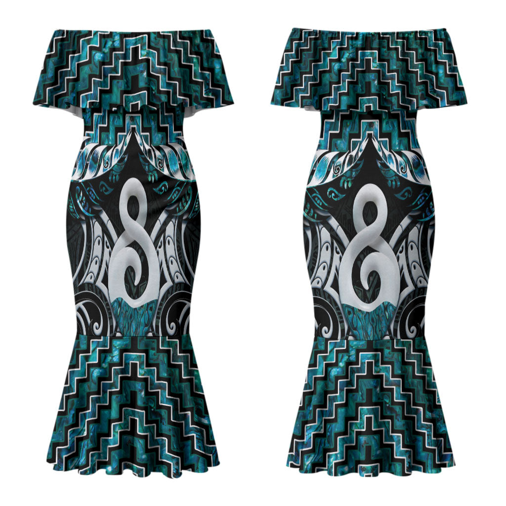 New Zealand Maori Couples Matching Mermaid Dress and Long Sleeve Button Shirt Poutama Pikorua - Single Twist Paua Shell
