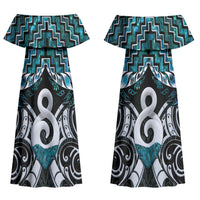 New Zealand Maori Couples Matching Off Shoulder Maxi Dress and Long Sleeve Button Shirt Poutama Pikorua - Single Twist Paua Shell