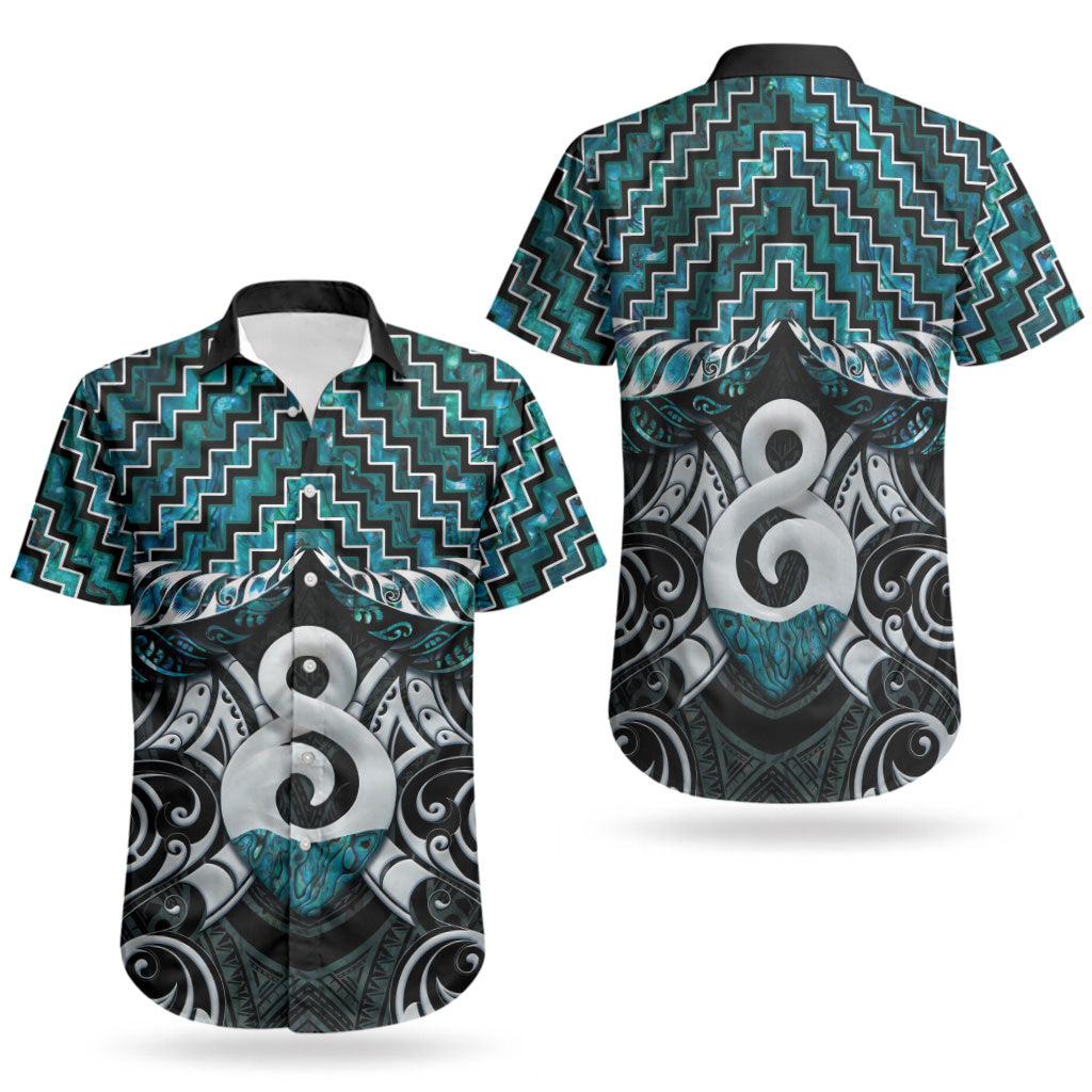 New Zealand Maori Couples Matching Off Shoulder Short Dress and Hawaiian Shirt Poutama Pikorua - Single Twist Paua Shell