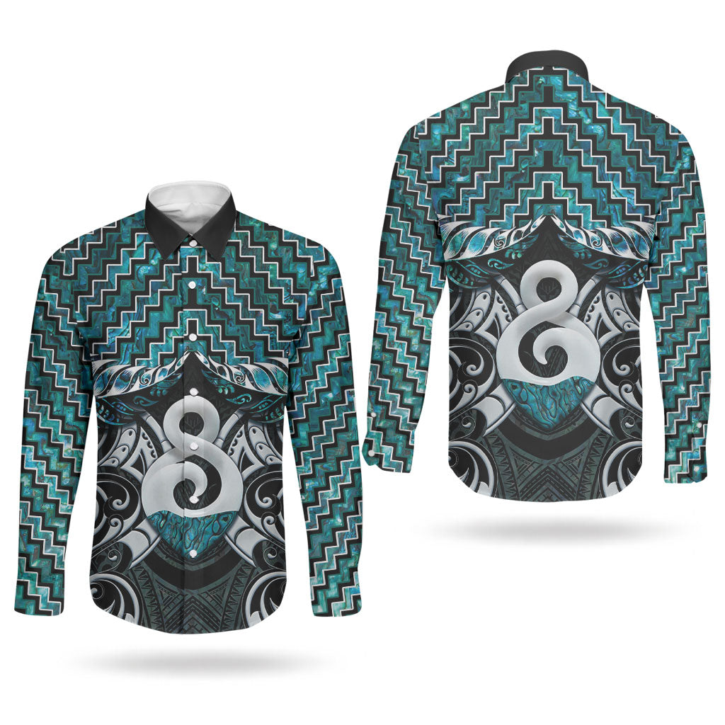 New Zealand Maori Couples Matching Off Shoulder Short Dress and Long Sleeve Button Shirt Poutama Pikorua - Single Twist Paua Shell