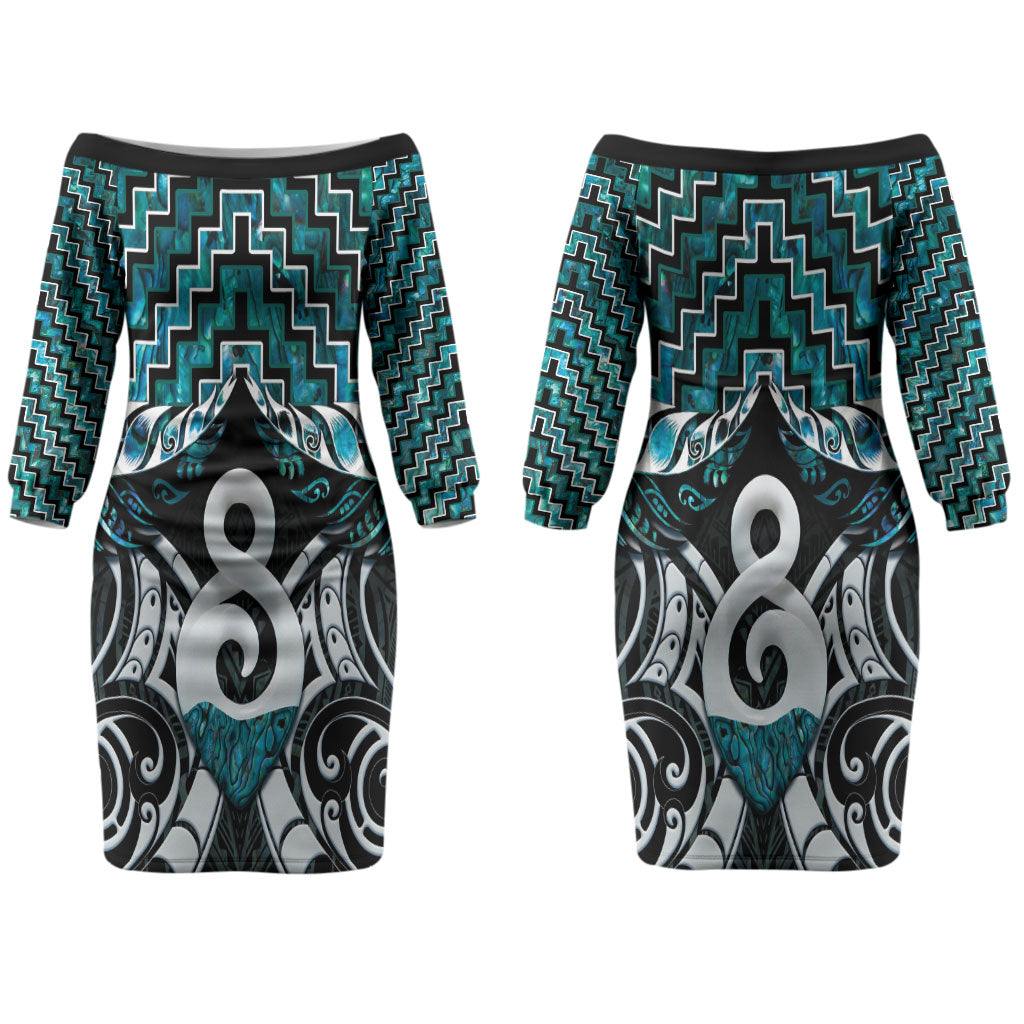New Zealand Maori Couples Matching Off The Shoulder Long Sleeve Dress and Long Sleeve Button Shirt Poutama Pikorua - Single Twist Paua Shell