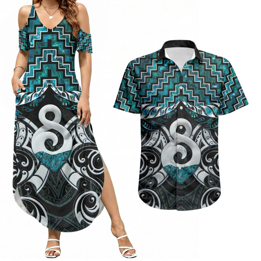 New Zealand Maori Couples Matching Summer Maxi Dress and Hawaiian Shirt Poutama Pikorua - Single Twist Paua Shell