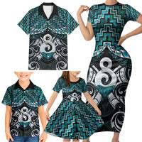 New Zealand Maori Family Matching Short Sleeve Bodycon Dress and Hawaiian Shirt Poutama Pikorua - Single Twist Paua Shell
