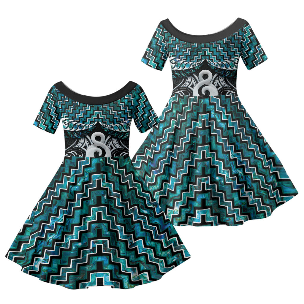 New Zealand Maori Family Matching Short Sleeve Bodycon Dress and Hawaiian Shirt Poutama Pikorua - Single Twist Paua Shell