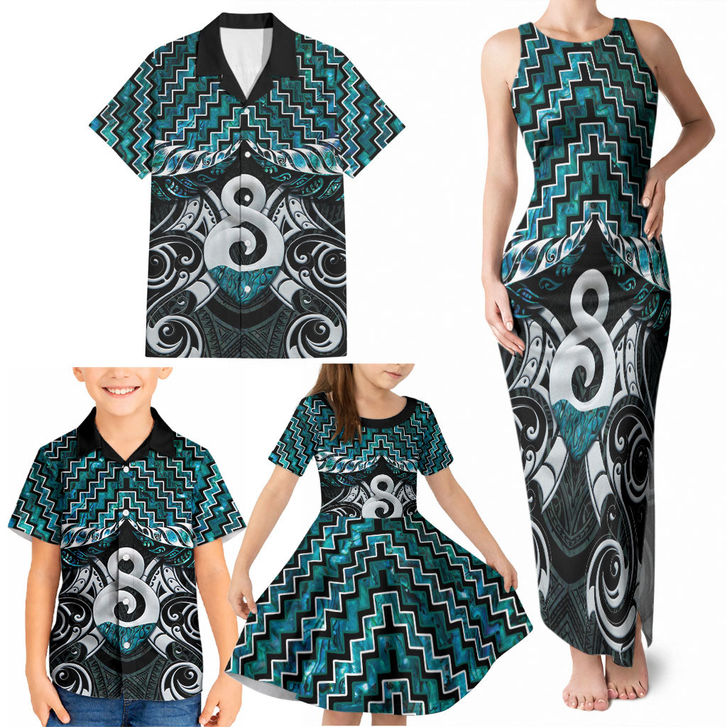 New Zealand Maori Family Matching Tank Maxi Dress and Hawaiian Shirt Poutama Pikorua - Single Twist Paua Shell LT05 - Polynesian Pride