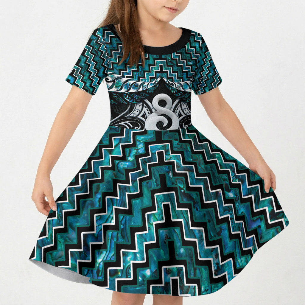 New Zealand Maori Kid Short Sleeve Dress Poutama Pikorua - Single Twist Paua Shell