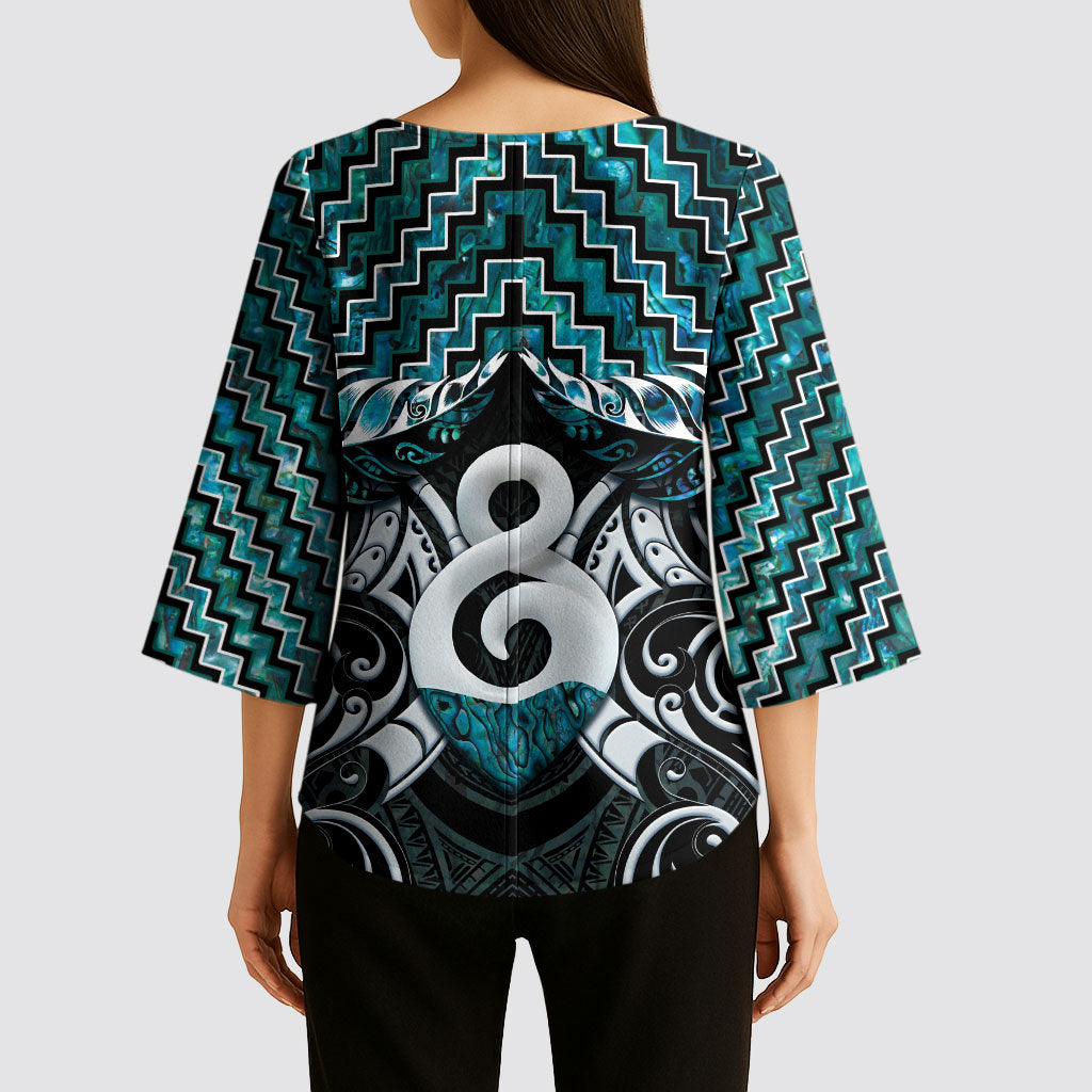 New Zealand Maori Kimono Sleeve Blouse Poutama Pikorua - Single Twist Paua Shell