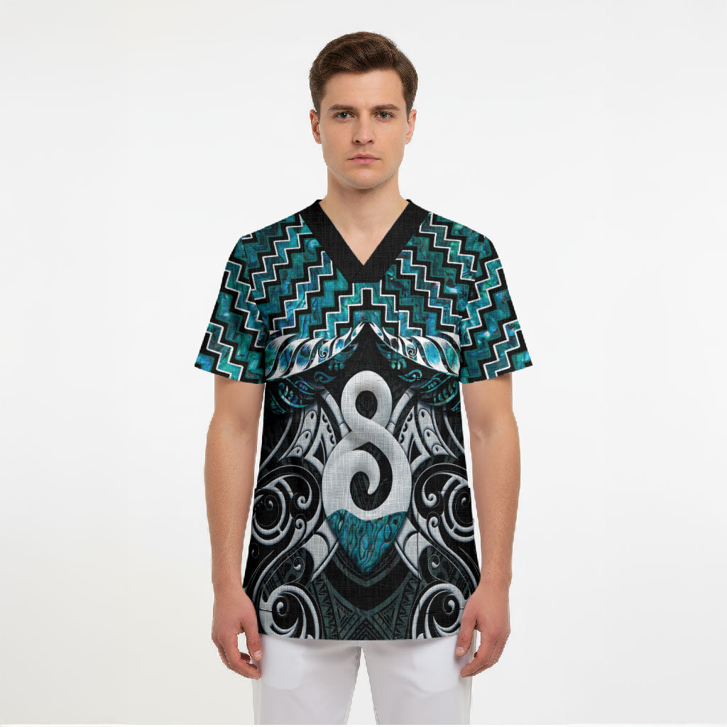 New Zealand Maori Scrub Top Poutama Pikorua - Single Twist Paua Shell