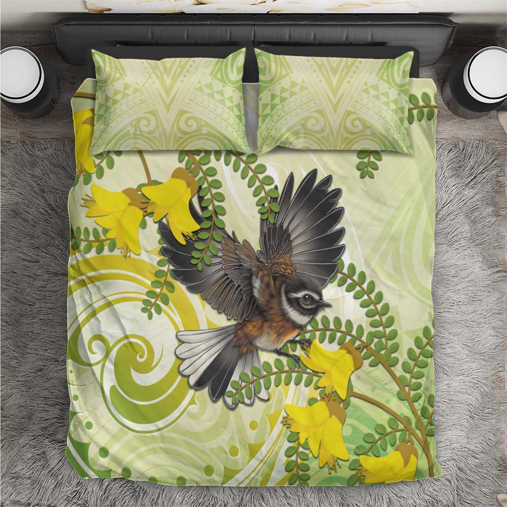 New Zealand Piwakawaka Fantail Bird Bedding Set With Kowhai Flowers LT05 Green - Polynesian Pride