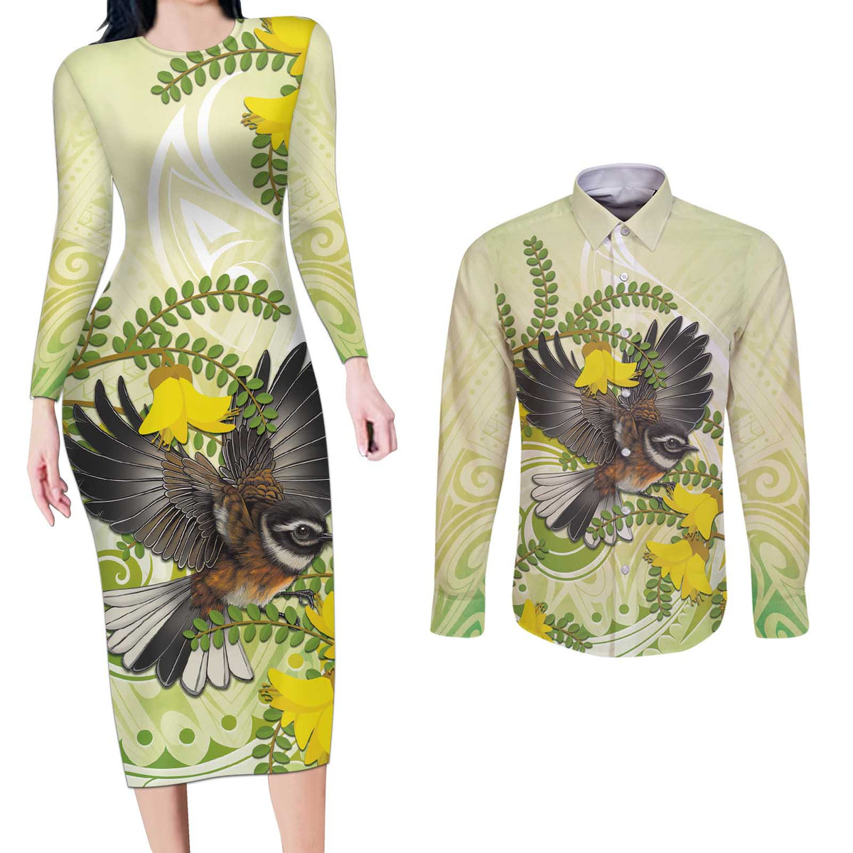 New Zealand Piwakawaka Fantail Bird Couples Matching Long Sleeve Bodycon Dress and Long Sleeve Button Shirt With Kowhai Flowers