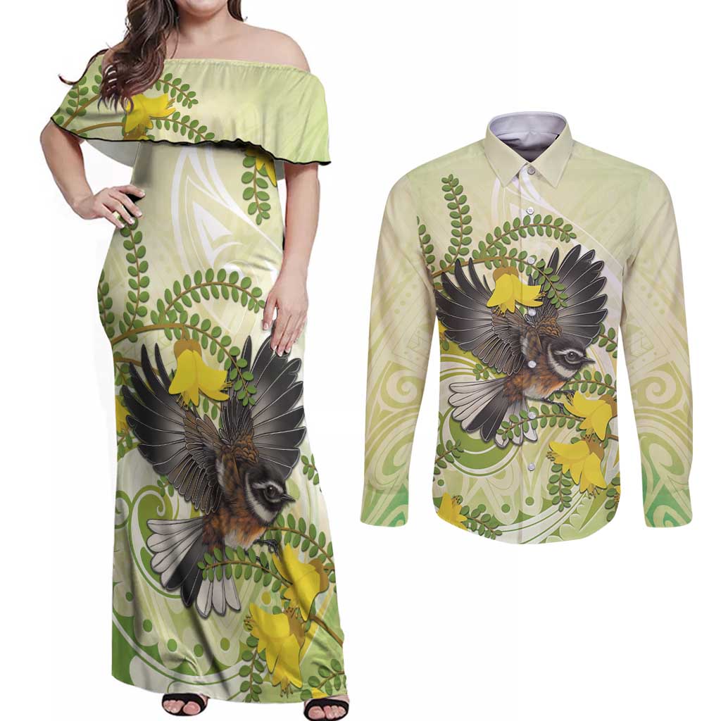 New Zealand Piwakawaka Fantail Bird Couples Matching Off Shoulder Maxi Dress and Long Sleeve Button Shirt With Kowhai Flowers