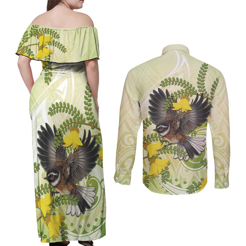 New Zealand Piwakawaka Fantail Bird Couples Matching Off Shoulder Maxi Dress and Long Sleeve Button Shirt With Kowhai Flowers
