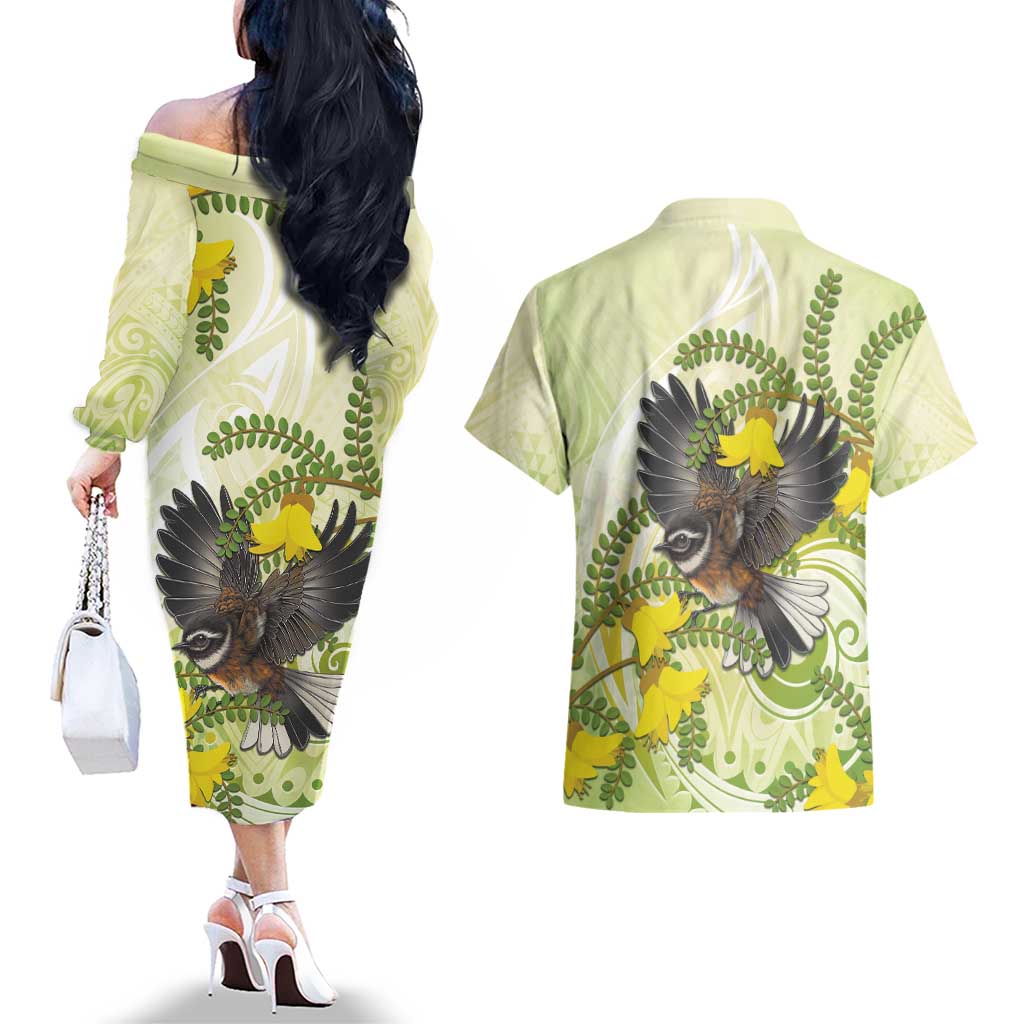 New Zealand Piwakawaka Fantail Bird Couples Matching Off The Shoulder Long Sleeve Dress and Hawaiian Shirt With Kowhai Flowers
