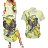 New Zealand Piwakawaka Fantail Bird Couples Matching Summer Maxi Dress and Hawaiian Shirt With Kowhai Flowers