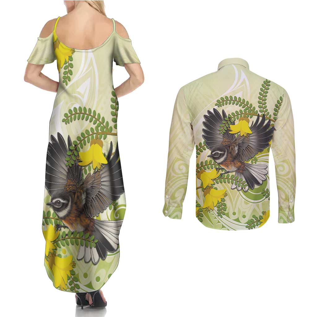 New Zealand Piwakawaka Fantail Bird Couples Matching Summer Maxi Dress and Long Sleeve Button Shirt With Kowhai Flowers