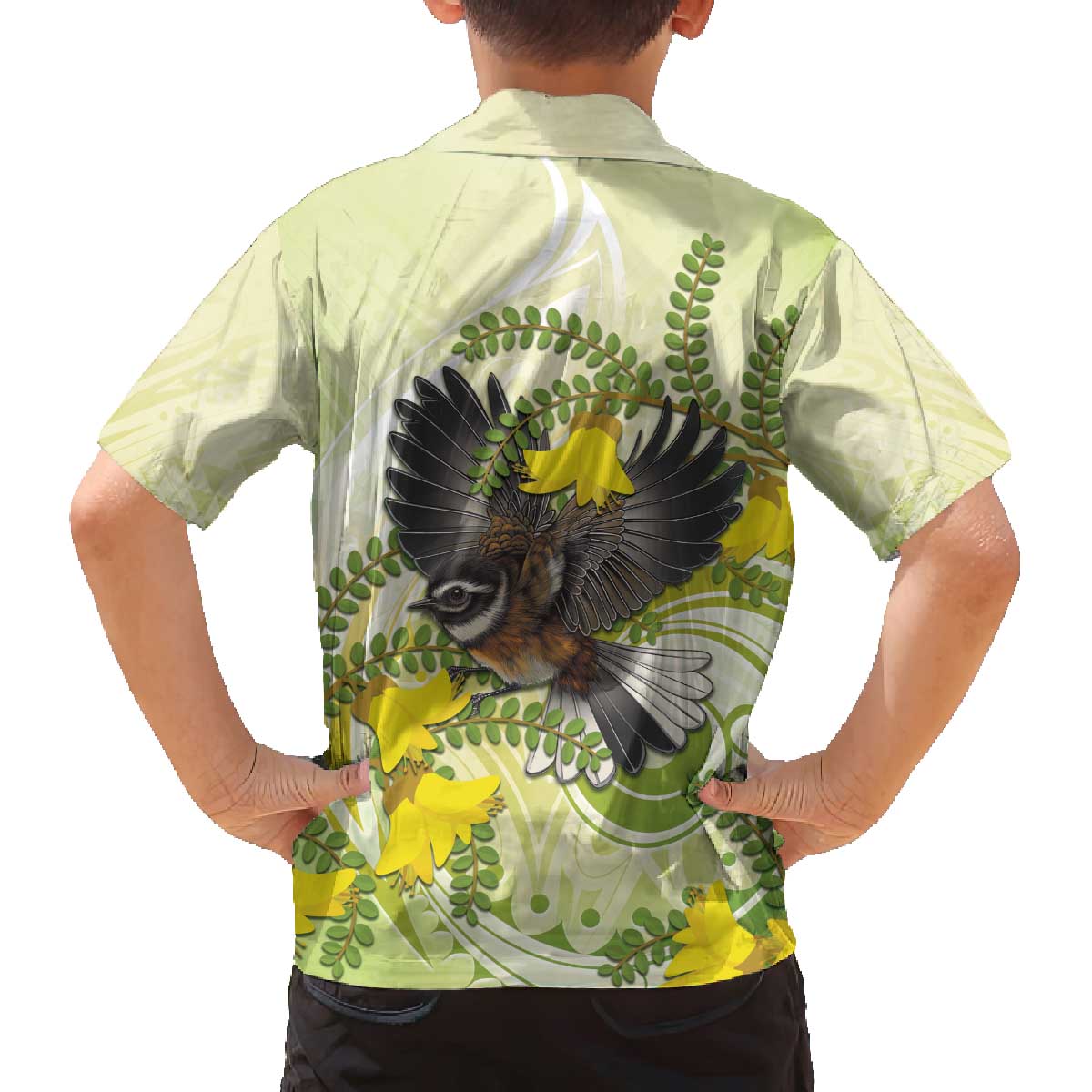 New Zealand Piwakawaka Fantail Bird Family Matching Off The Shoulder Long Sleeve Dress and Hawaiian Shirt With Kowhai Flowers LT05 - Polynesian Pride
