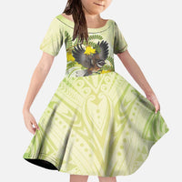 New Zealand Piwakawaka Fantail Bird Family Matching Off The Shoulder Long Sleeve Dress and Hawaiian Shirt With Kowhai Flowers LT05 Daughter's Dress Green - Polynesian Pride