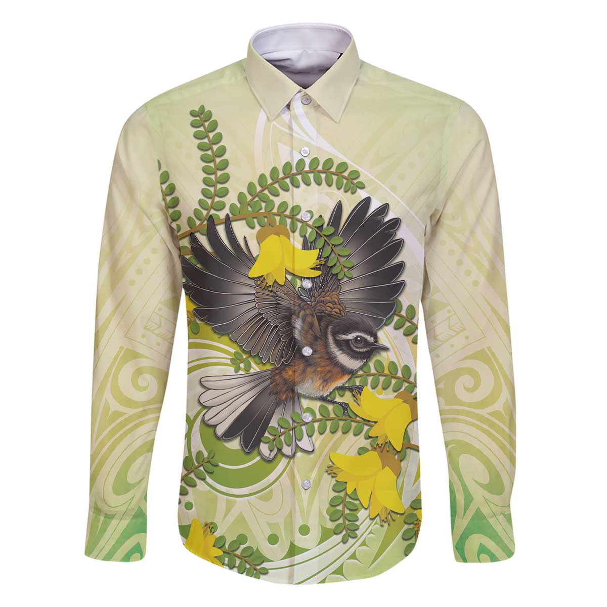 New Zealand Piwakawaka Fantail Bird Family Matching Off The Shoulder Long Sleeve Dress and Hawaiian Shirt With Kowhai Flowers LT05 Dad's Shirt - Long Sleeve Green - Polynesian Pride