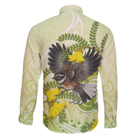 New Zealand Piwakawaka Fantail Bird Family Matching Off The Shoulder Long Sleeve Dress and Hawaiian Shirt With Kowhai Flowers LT05 - Polynesian Pride