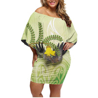 New Zealand Piwakawaka Fantail Bird Family Matching Off Shoulder Short Dress and Hawaiian Shirt With Kowhai Flowers