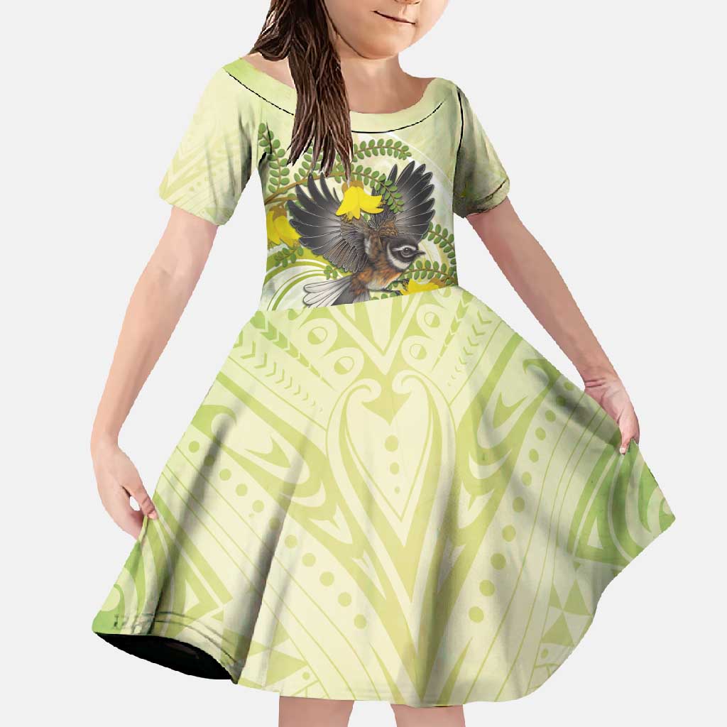 New Zealand Piwakawaka Fantail Bird Family Matching Short Sleeve Bodycon Dress and Hawaiian Shirt With Kowhai Flowers LT05 Daughter's Dress Green - Polynesian Pride