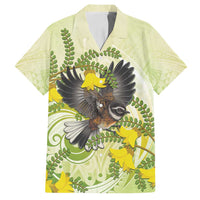 New Zealand Piwakawaka Fantail Bird Family Matching Tank Maxi Dress and Hawaiian Shirt With Kowhai Flowers LT05 Dad's Shirt - Short Sleeve Green - Polynesian Pride