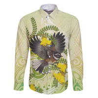 New Zealand Piwakawaka Fantail Bird Family Matching Tank Maxi Dress and Hawaiian Shirt With Kowhai Flowers LT05 Dad's Shirt - Long Sleeve Green - Polynesian Pride