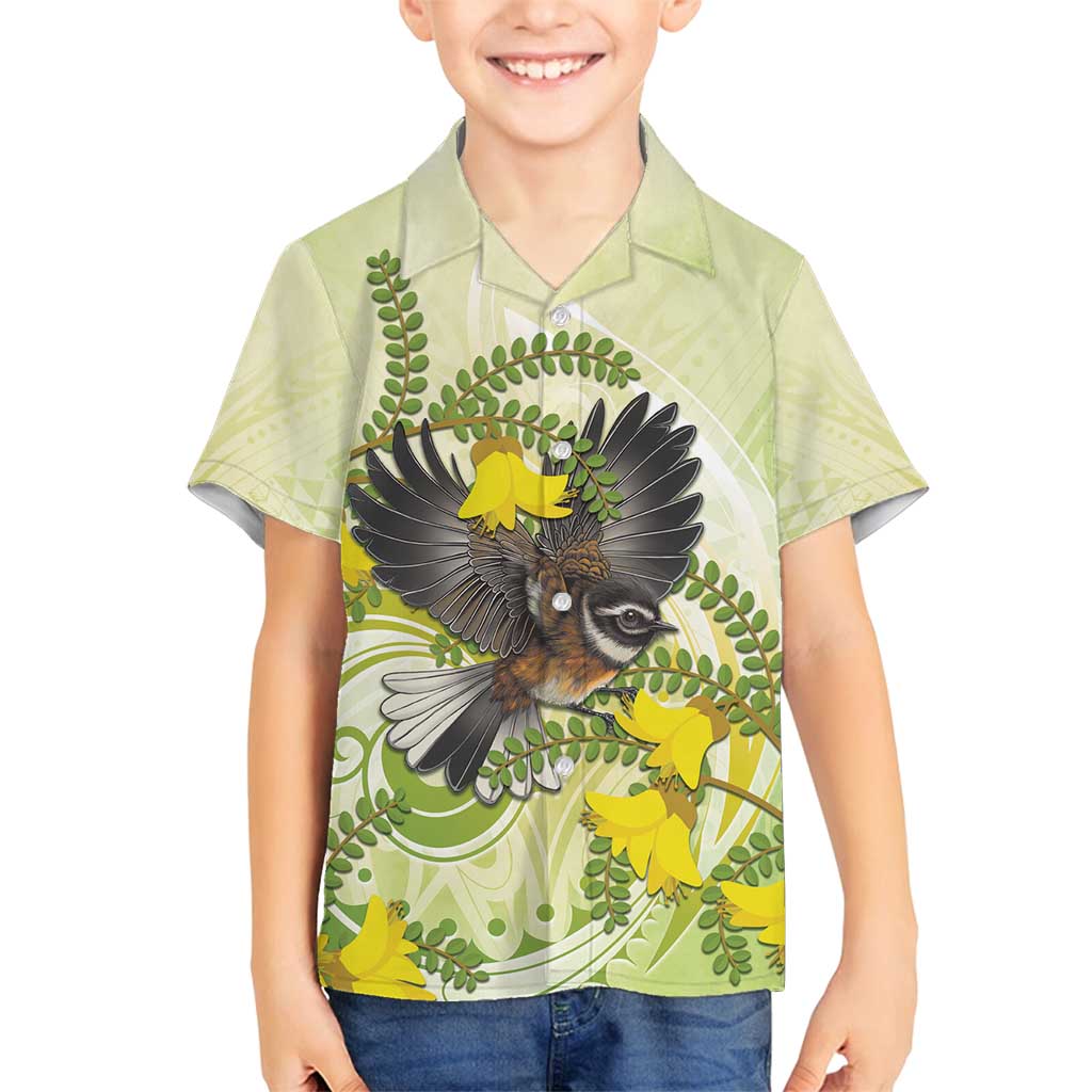 New Zealand Piwakawaka Fantail Bird Family Matching Tank Maxi Dress and Hawaiian Shirt With Kowhai Flowers LT05 Son's Shirt Green - Polynesian Pride