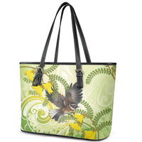 New Zealand Piwakawaka Fantail Bird Leather Tote Bag With Kowhai Flowers