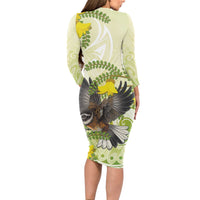 New Zealand Piwakawaka Fantail Bird Long Sleeve Bodycon Dress With Kowhai Flowers