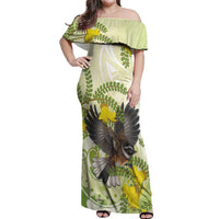 New Zealand Piwakawaka Fantail Bird Off Shoulder Maxi Dress With Kowhai Flowers