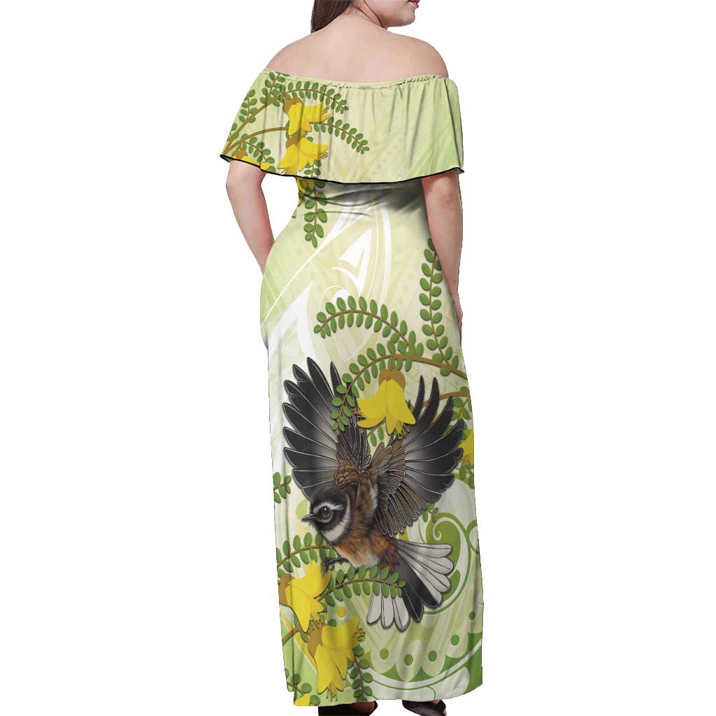 New Zealand Piwakawaka Fantail Bird Off Shoulder Maxi Dress With Kowhai Flowers