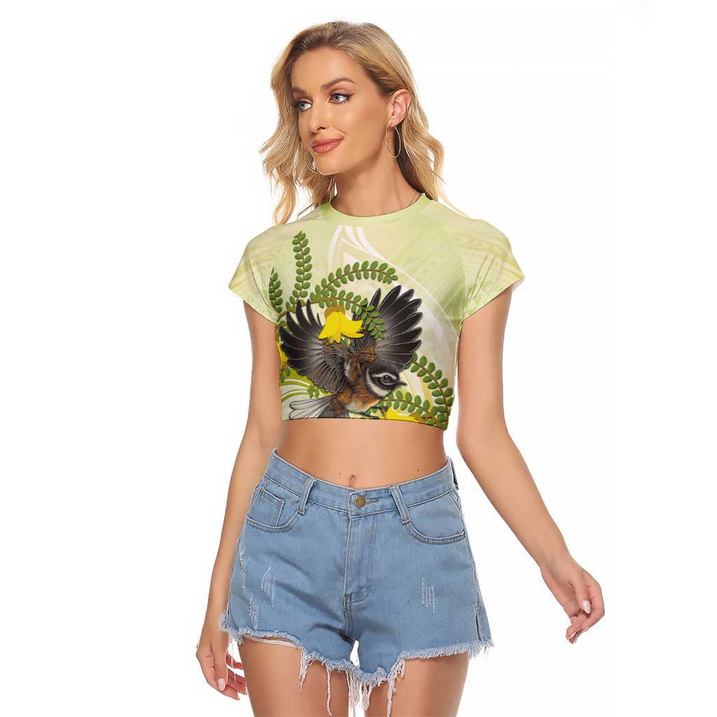 New Zealand Piwakawaka Fantail Bird Raglan Cropped T Shirt With Kowhai Flowers