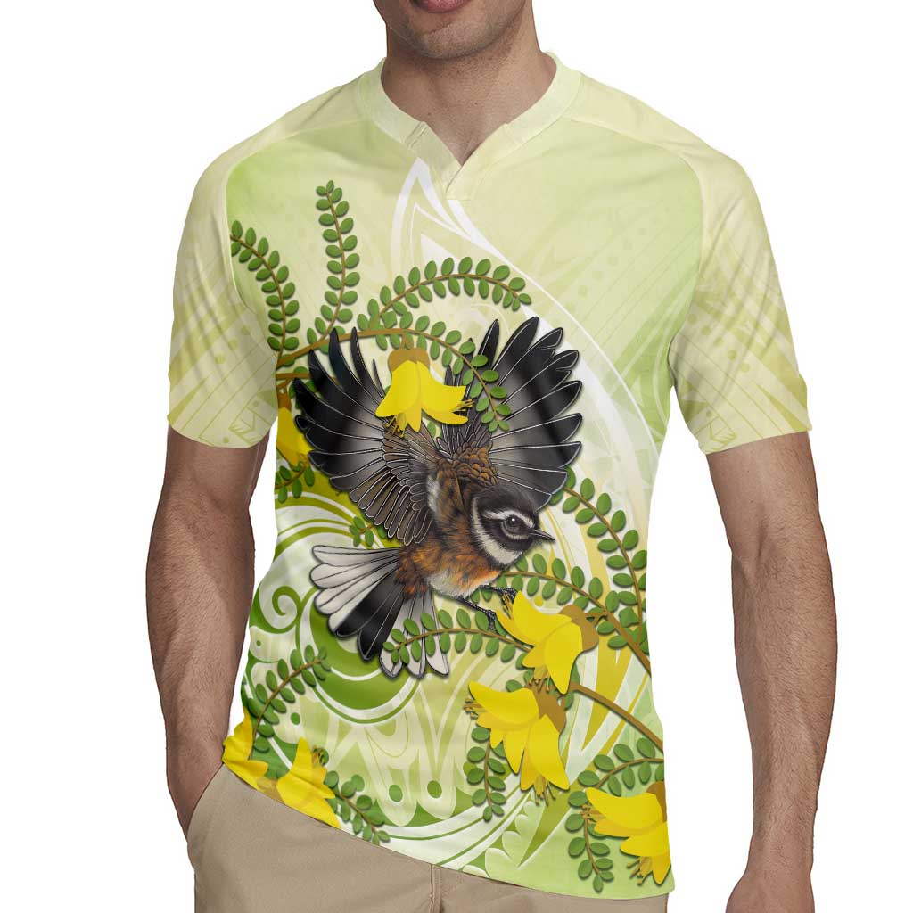 New Zealand Piwakawaka Fantail Bird Rugby Jersey With Kowhai Flowers