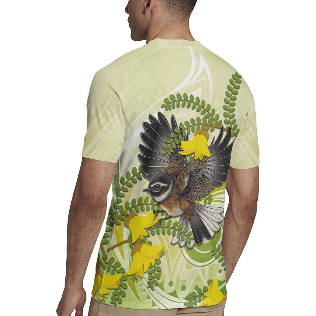 New Zealand Piwakawaka Fantail Bird Rugby Jersey With Kowhai Flowers