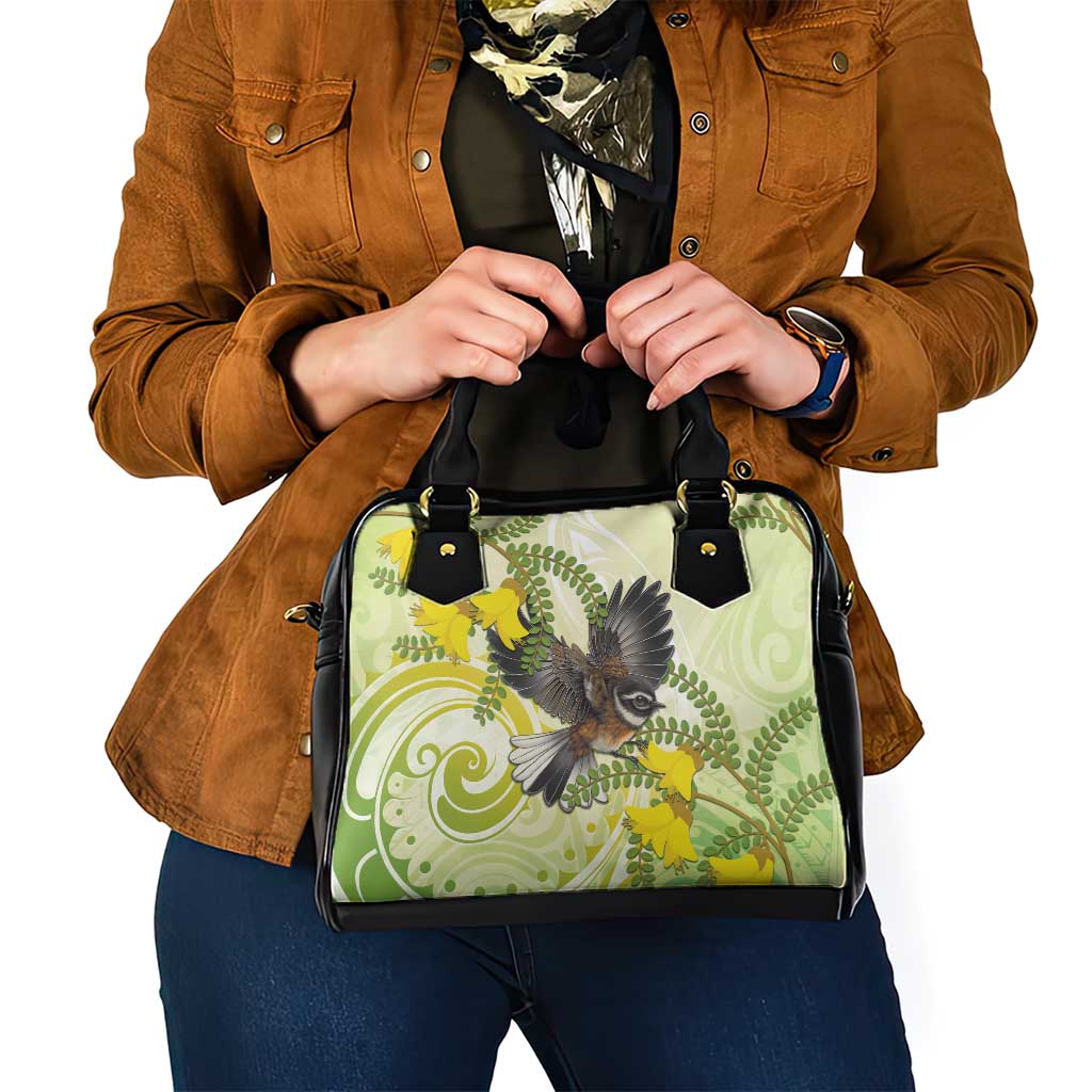 New Zealand Piwakawaka Fantail Bird Shoulder Handbag With Kowhai Flowers
