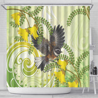 New Zealand Piwakawaka Fantail Bird Shower Curtain With Kowhai Flowers