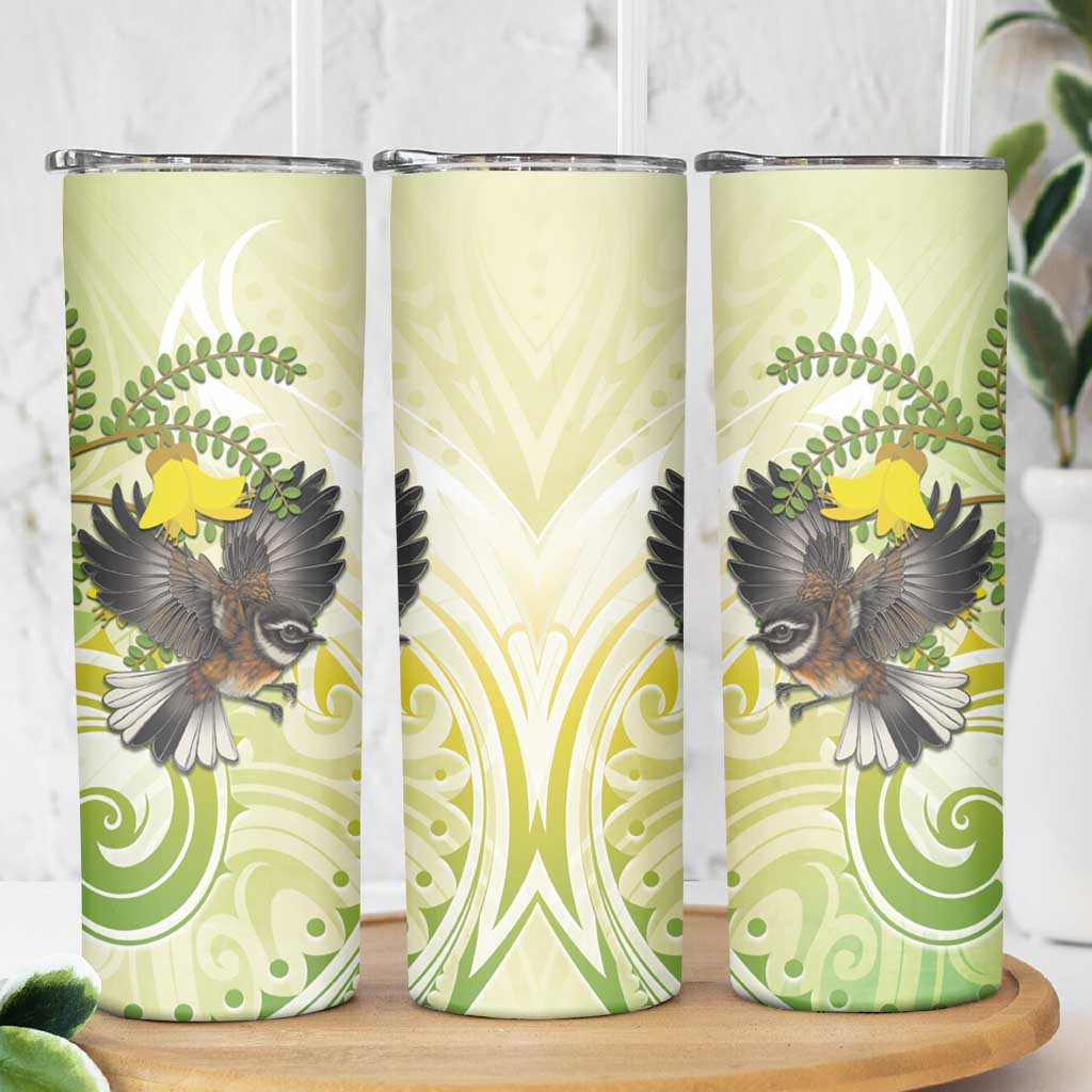 New Zealand Piwakawaka Fantail Bird Skinny Tumbler With Kowhai Flowers