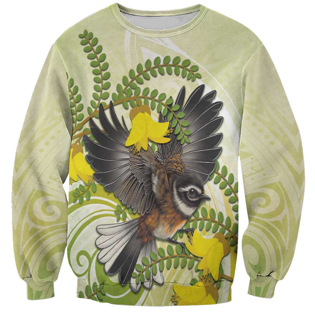 New Zealand Piwakawaka Fantail Bird Sweatshirt With Kowhai Flowers