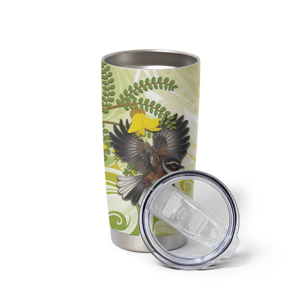 New Zealand Piwakawaka Fantail Bird Tumbler Cup With Kowhai Flowers