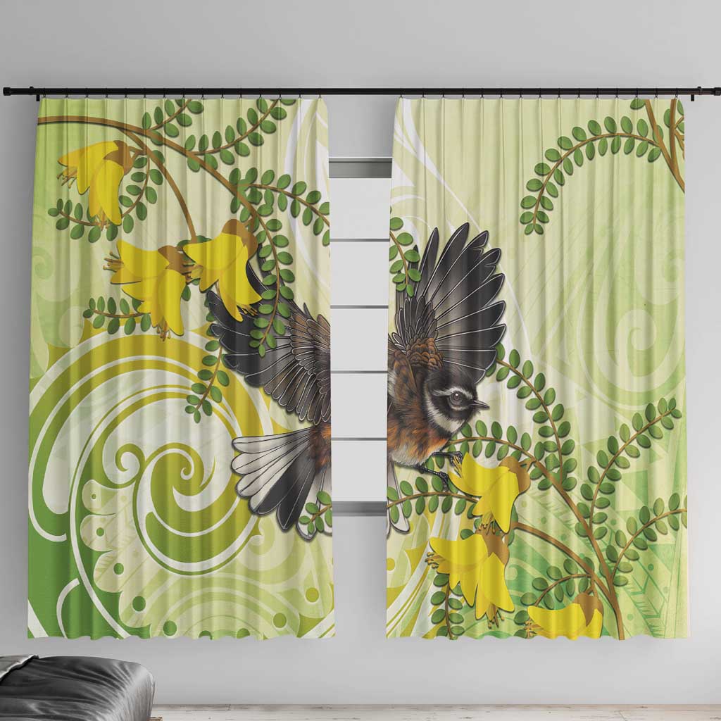 New Zealand Piwakawaka Fantail Bird Window Curtain With Kowhai Flowers LT05 With Hooks Green - Polynesian Pride