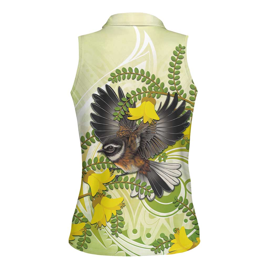 New Zealand Piwakawaka Fantail Bird Women Sleeveless Polo Shirt With Kowhai Flowers