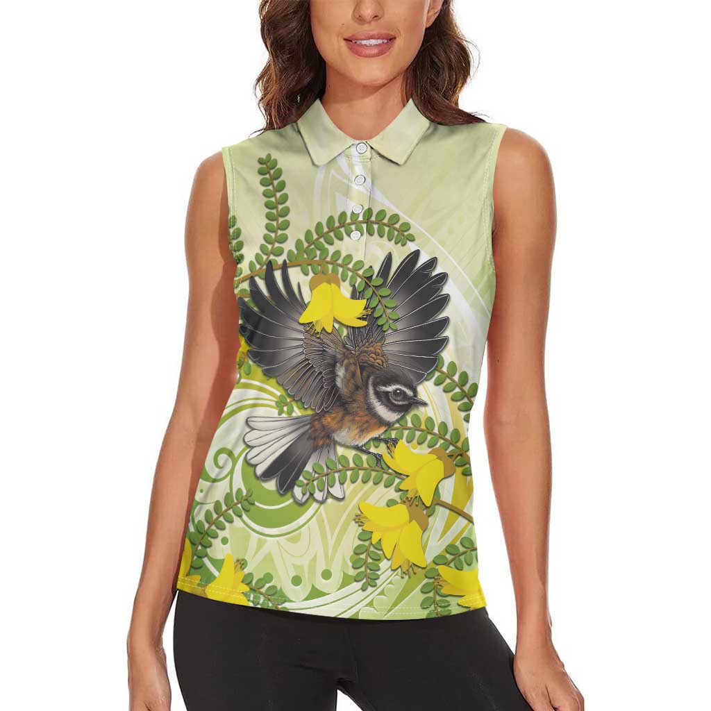 New Zealand Piwakawaka Fantail Bird Women Sleeveless Polo Shirt With Kowhai Flowers