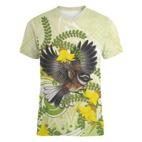 New Zealand Piwakawaka Fantail Bird Women V-Neck T-Shirt With Kowhai Flowers