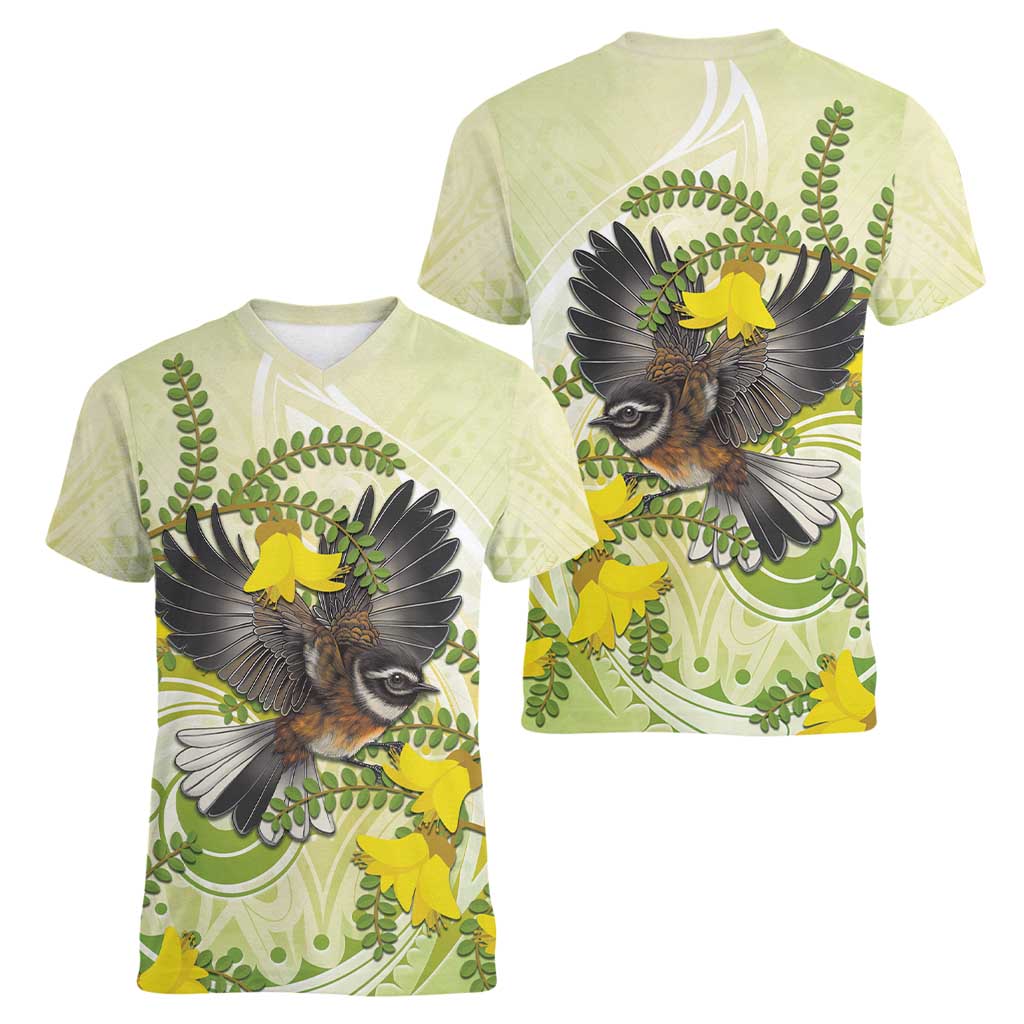 New Zealand Piwakawaka Fantail Bird Women V-Neck T-Shirt With Kowhai Flowers