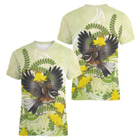 New Zealand Piwakawaka Fantail Bird Women V-Neck T-Shirt With Kowhai Flowers