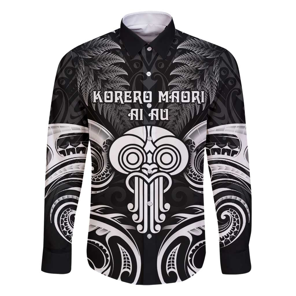 New Zealand Te Reo Maori Family Matching Mermaid Dress and Hawaiian Shirt Korero Maori Ai Au LT05 Dad's Shirt - Long Sleeve Black - Polynesian Pride